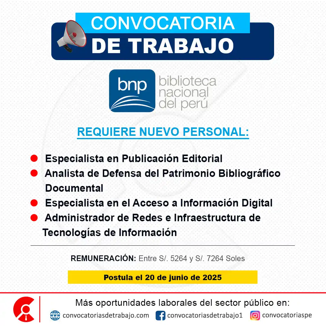 Image from Convocatorias de Trabajo 🇵🇪: 📢 Oportunidad laboral en: BIBLIOTECA NACIONAL(BNP) - Lima 📋 Más info...