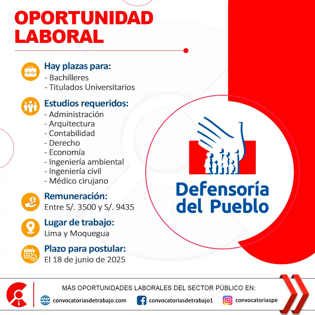 Image from Convocatorias de Trabajo 🇵🇪: 📢 Oportunidad laboral en: DEFENSORIA DEL PUEBLO 📋 Más información ↷ ...