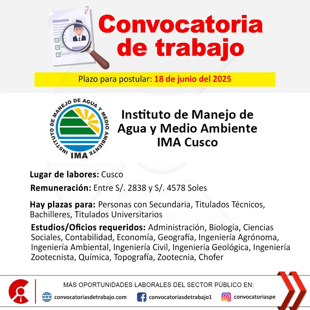 Image from Convocatorias de Trabajo 🇵🇪: 📢 Oportunidad laboral en: IMA CUSCO - Cusco 📋 Más información ↷ htt...