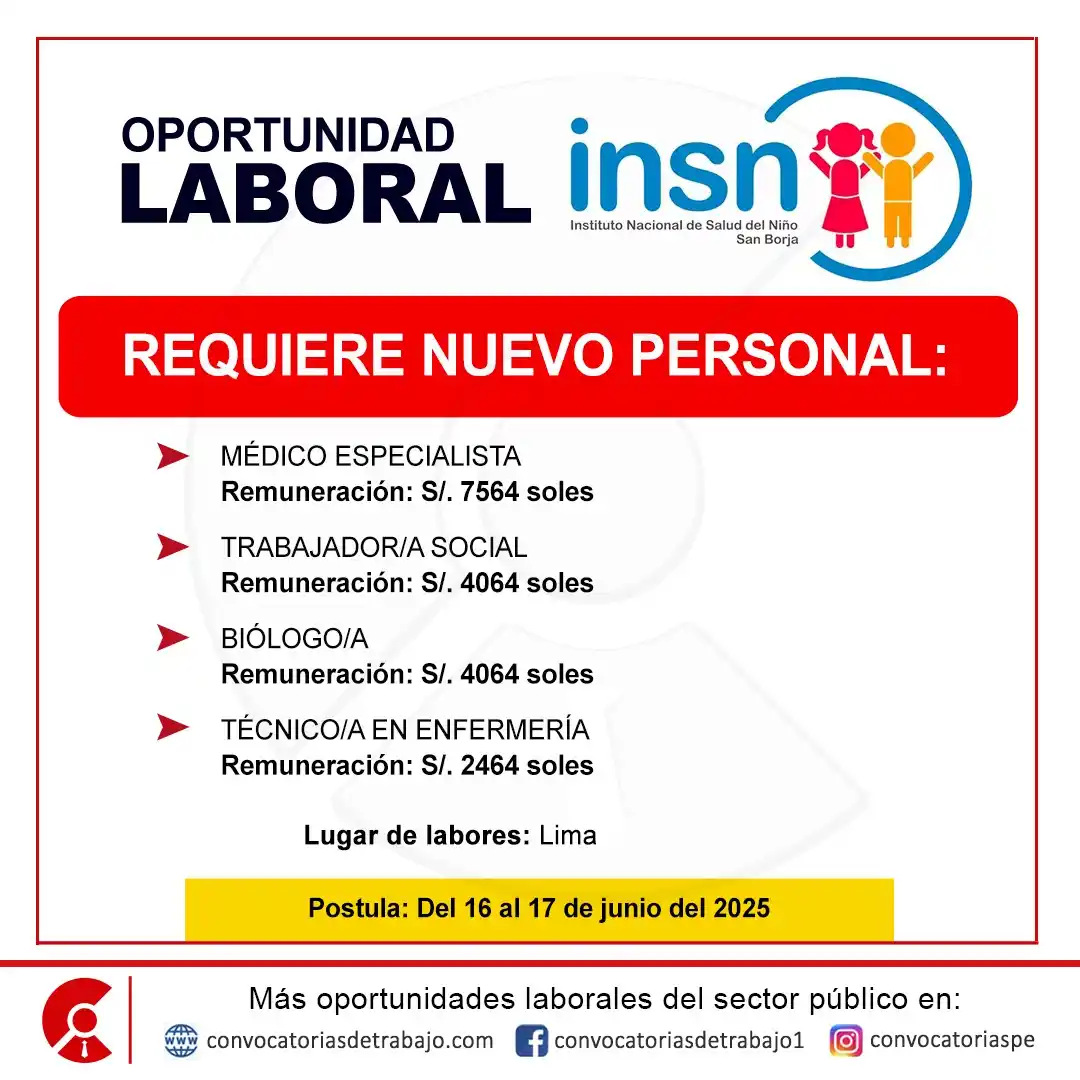 Image from Convocatorias de Trabajo 🇵🇪: 📢 Oportunidad laboral en: INSTITUTO DE SALUD DEL NIÑO(INSNSB) - Lima ...
