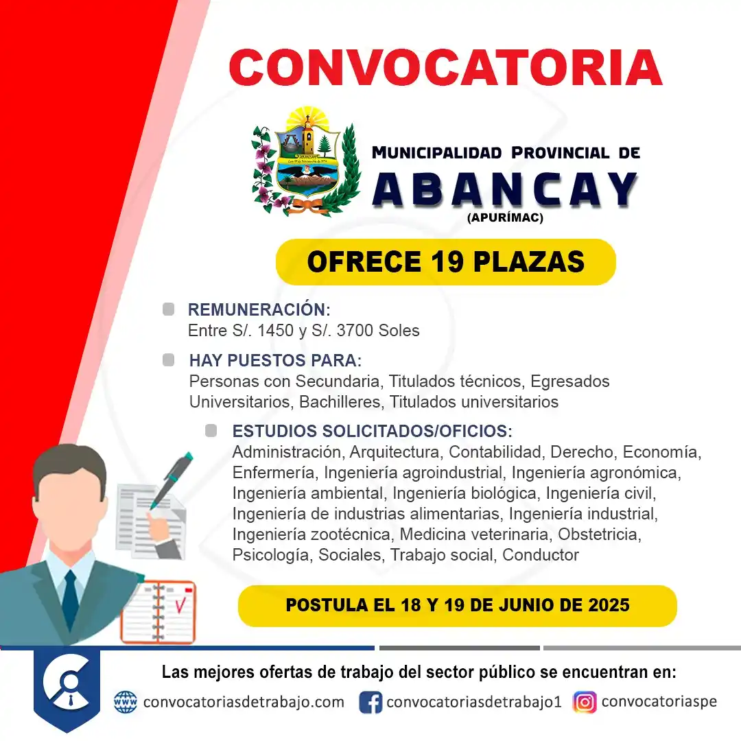 Image from Convocatorias de Trabajo 🇵🇪: 🚨 Oportunidad laboral en: MUNICIPALIDAD DE ABANCAY - Apurimac 🏢 ✅ Va...