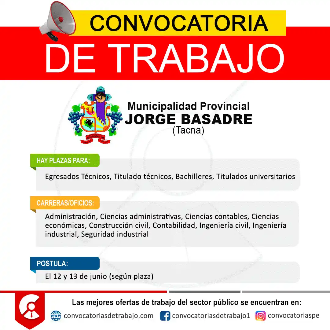 Image from Convocatorias de Trabajo 🇵🇪: 📢 Oportunidad laboral en: MUNICIPALIDAD JORGE BASADRE - Tacna 📋 Más ...