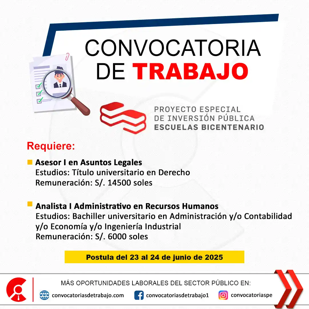 Image from Convocatorias de Trabajo 🇵🇪: 📢 Oportunidad laboral en: PEIP ESCUELAS BICENTENARIO - Lima 📋 Más in...