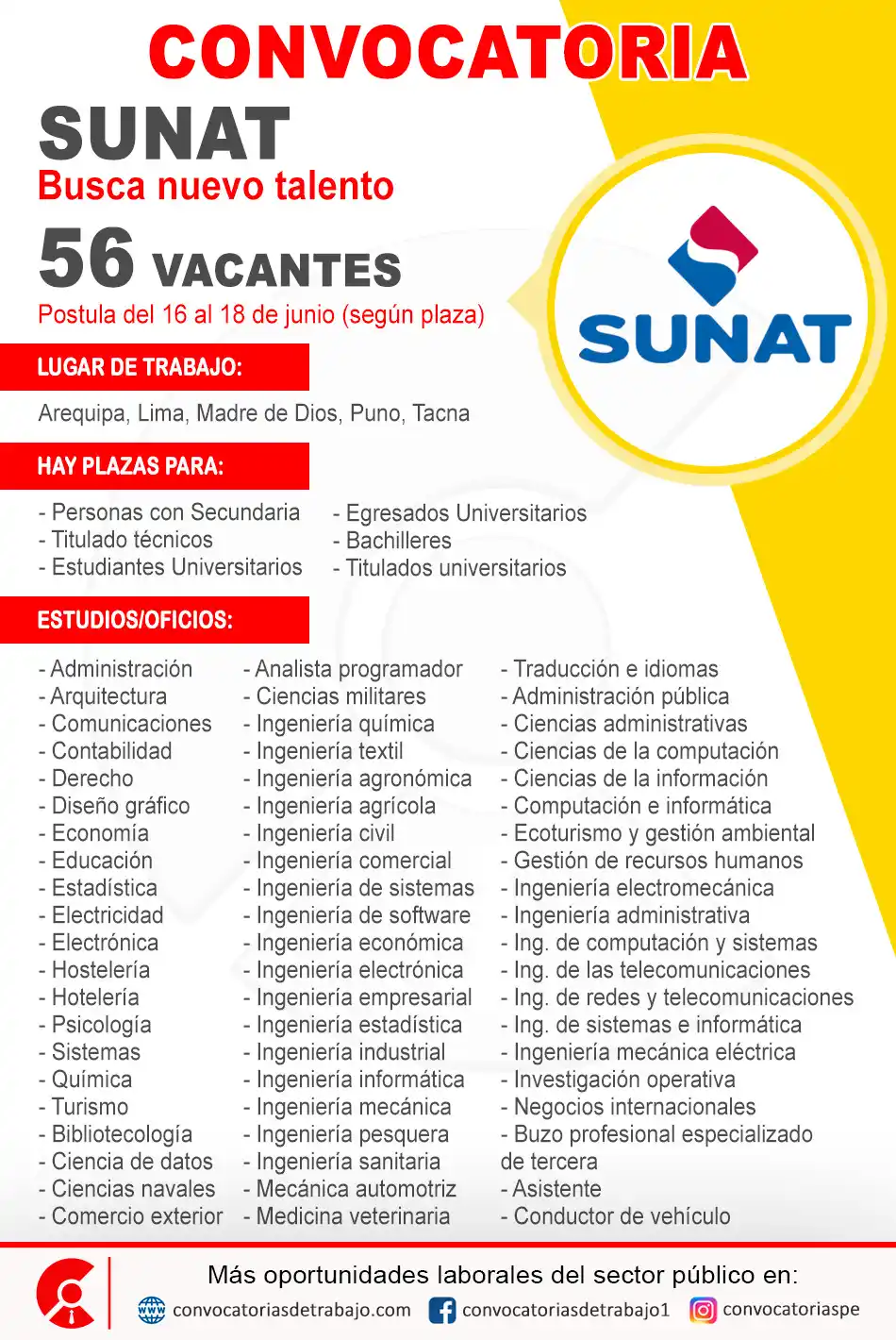 Image from Convocatorias de Trabajo 🇵🇪: 💪💪 Oportunidad laboral en: SUNAT ✅ Vacantes: 56 📝 Más informació...