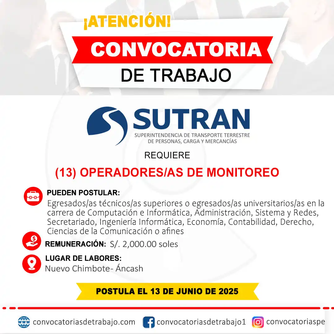 Image from Convocatorias de Trabajo 🇵🇪: 📢 Oportunidad laboral en: SUTRAN - Ancash 📋 Más información ↷ https:...