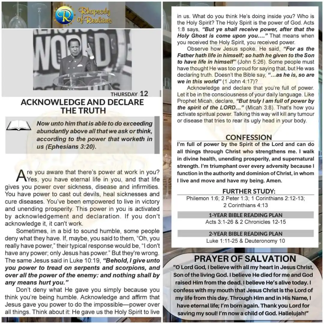Image from ๐๐๐ ๐๐๐๐๐๐๐ ๐๐๐
๐ ๐: RHAPSODY OF REALITIES - DAILY DEVOTIONAL TOPIC: "ACKNOWLEDGE AND DECL...