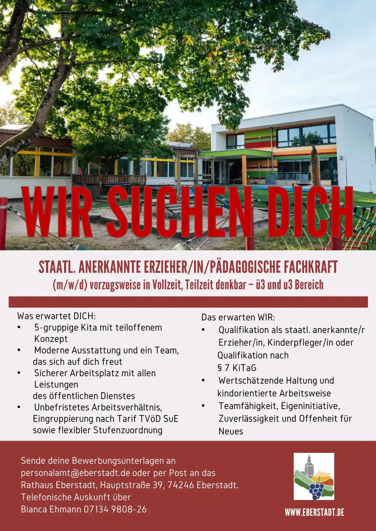 Image from Gemeinde Eberstadt: *Stellenanzeige* 👨👩👧👦 Wir suchen *Staatl. Anerkannte Erzieher/...