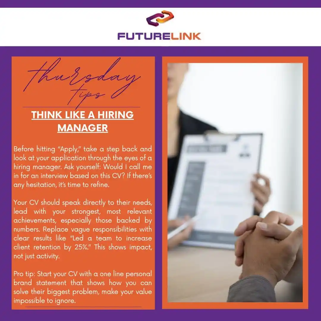 Image from Advertise Jobs/Werk: THURSDAY TIPS - "THINK LIKE A HIRING MANAGER Before hitting “Apply,...