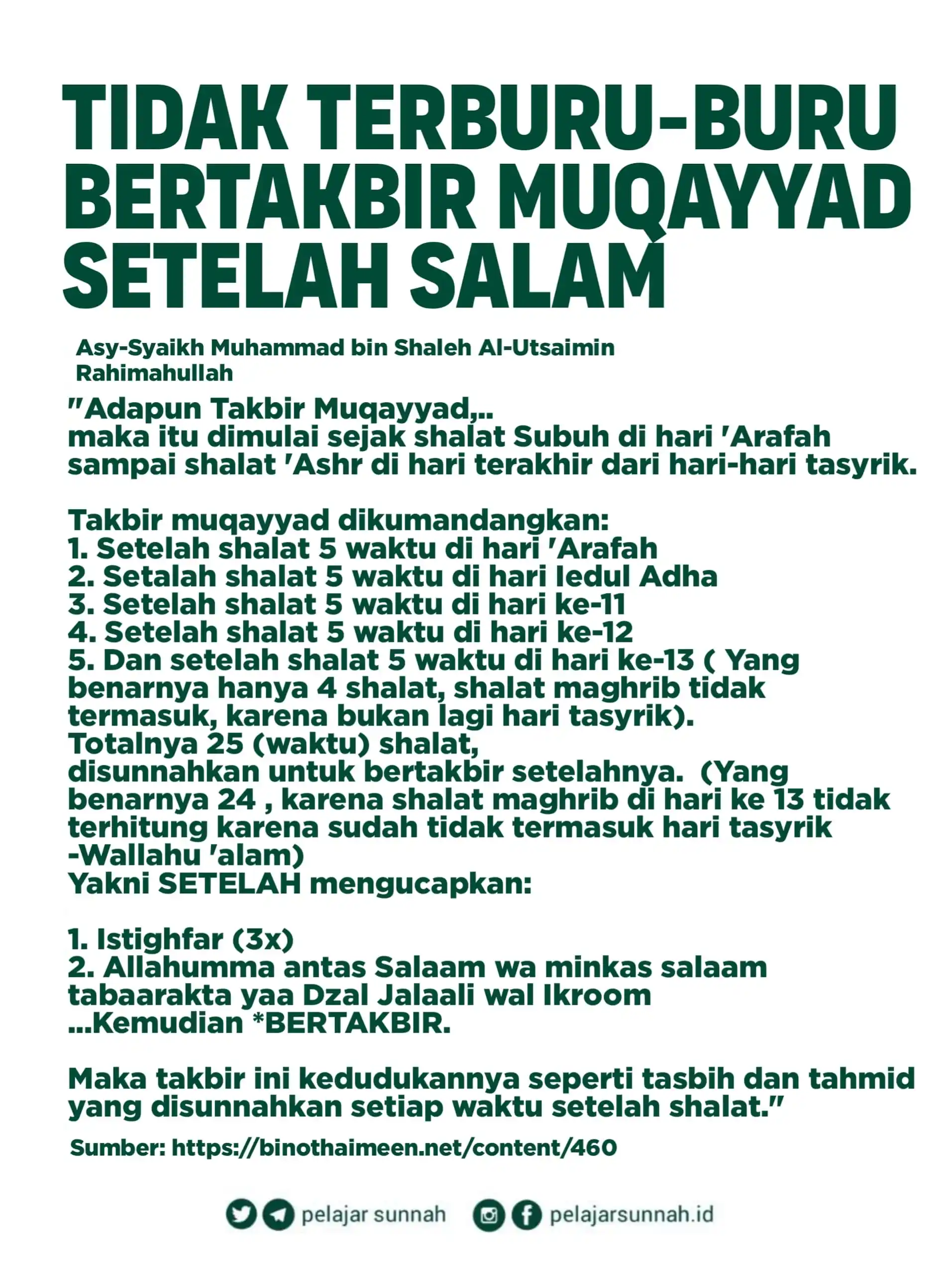 Image from PELAJAR SUNNAH: *TIDAK TERBURU-BURU* *BERTAKBIR MUQAYYAD* *SETELAH SALAM* (Mulai Hari ...