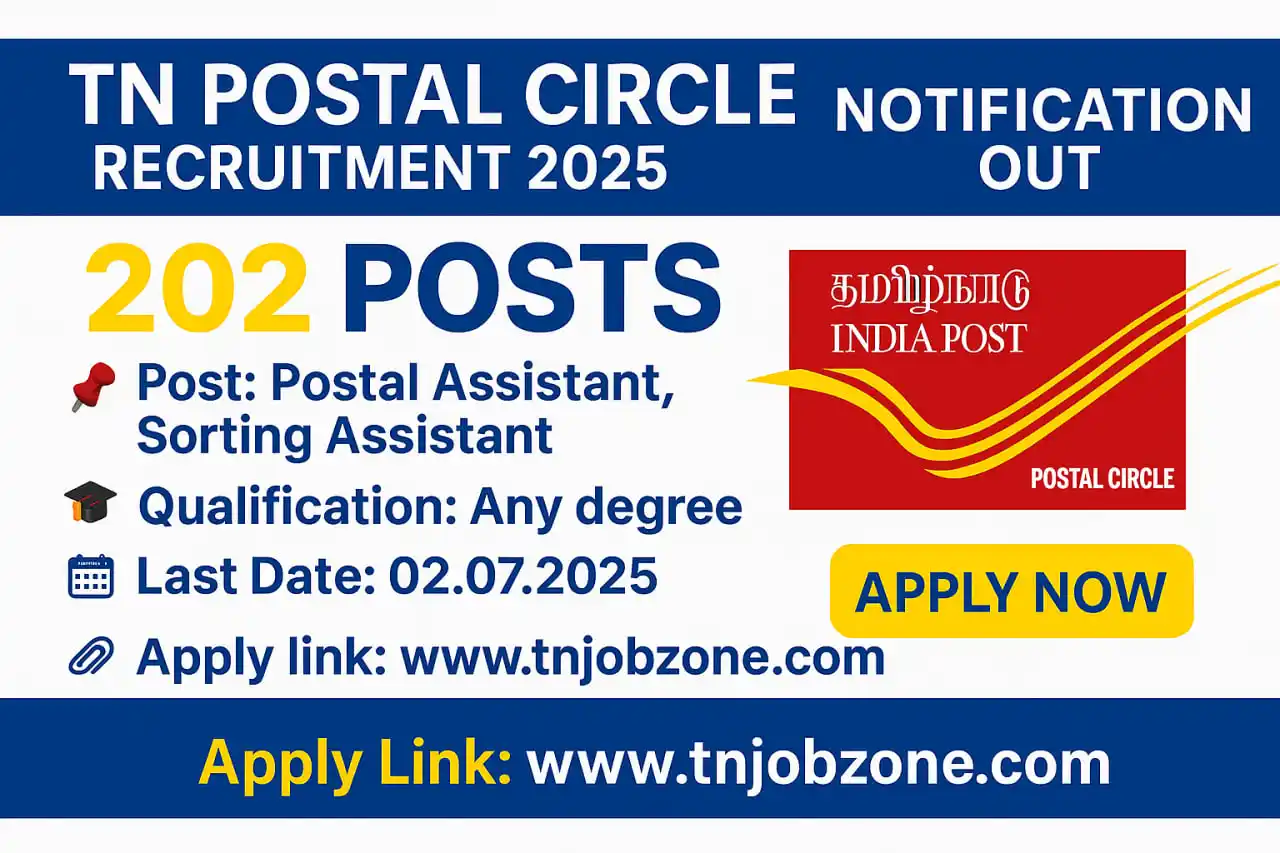 Image from TN JOBS ZONE: *🌀 TN Postal Circle Recruitment 2025* 📮 202 *Postal Assistant, Sort...