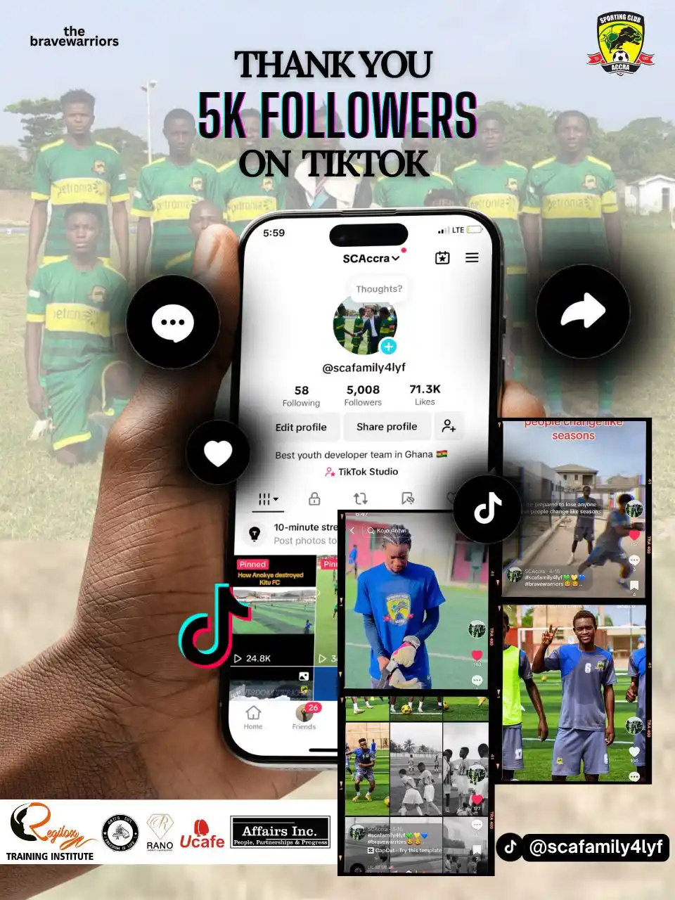 Image from Sporting Club Accra: *5️⃣0️⃣0️⃣0️⃣k* *FOLLOWERS* 🤩🥳  📲 https://www.tiktok.com/@scafamily...