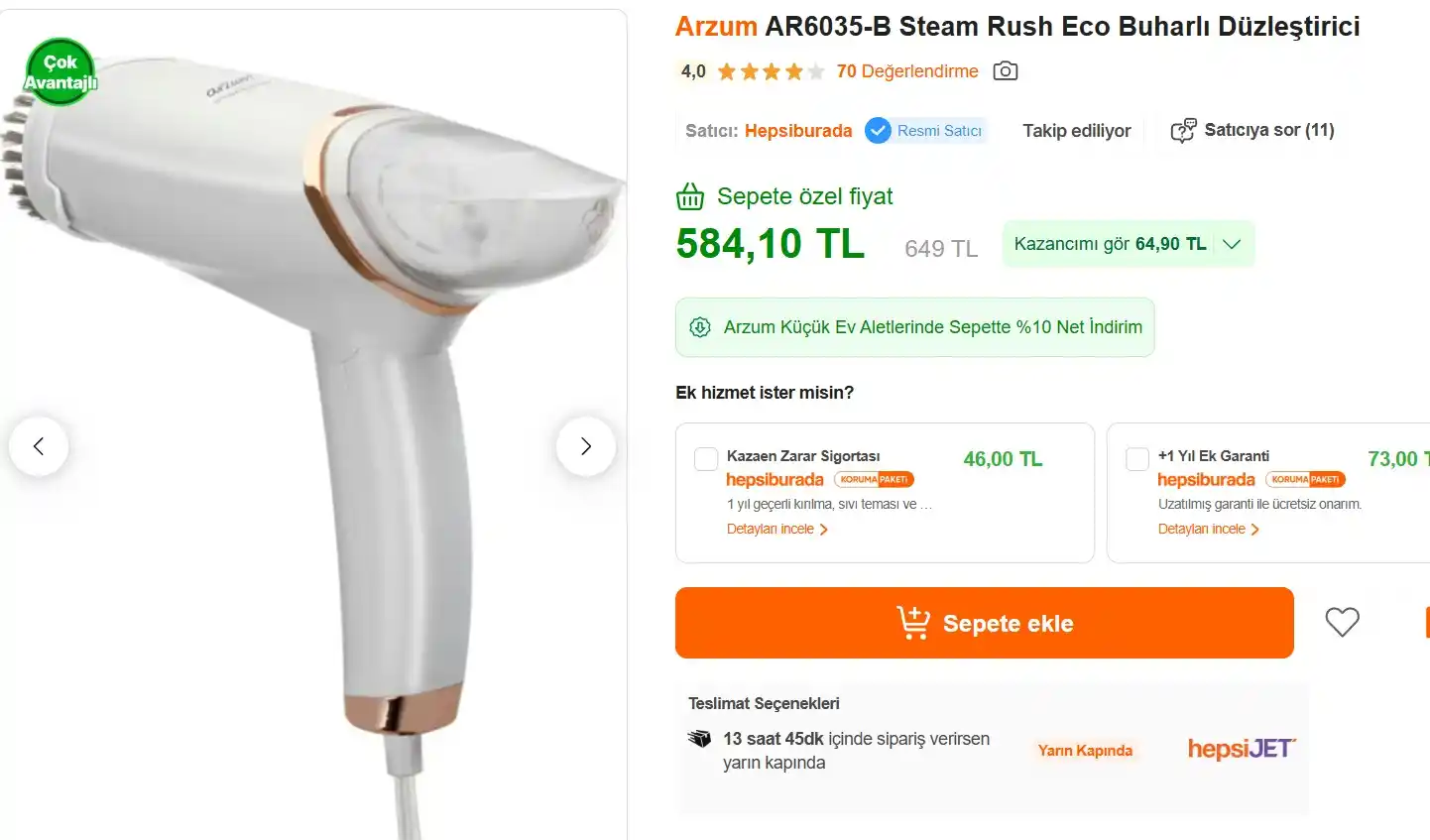 Image from Fırsata Tıkla: 📢 Arzum AR6035-B Steam Rush Eco Buharlı Düzleştirici 💵 Sepette 584,...