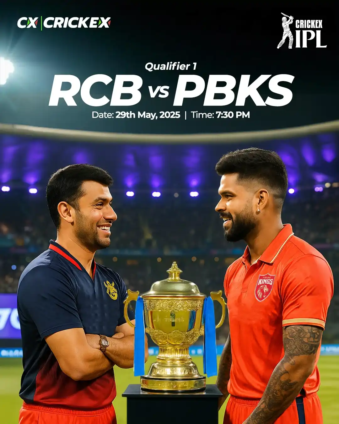 Image from Crickex: 🔥 Clash of Titans: RCB vs PBKS! 🔥 One match, one shot — who will sei...