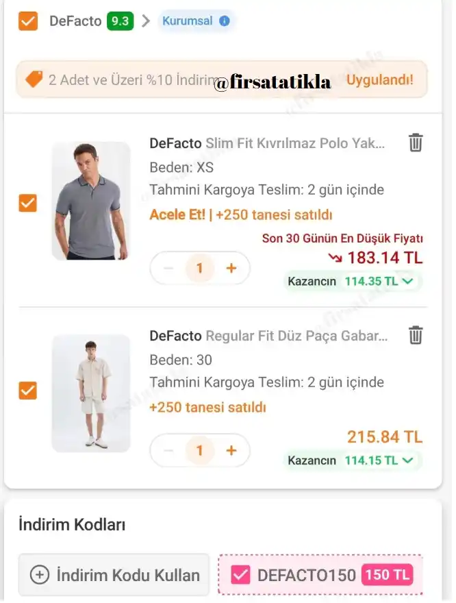Image from Fırsata Tıkla: 📢 DeFacto ürünlerinde 500 TL ve üzerine 150 TL indirim kodu DEFACTO1...