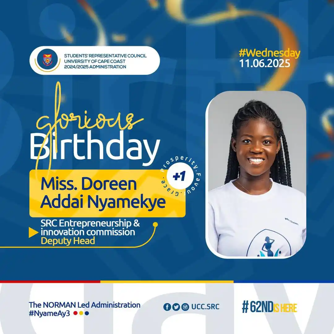 Image from 𝐔𝐂𝐂 𝐎𝐅𝐅𝐈𝐂𝐈𝐀𝐋 𝐔𝐏𝐃𝐀𝐓𝐄𝐒 🗣🎙: *GLORIOUS BIRTHDAY*🎂❤️🎉  Happy Birthday to *Ms. Doreen Addai Nyameky...