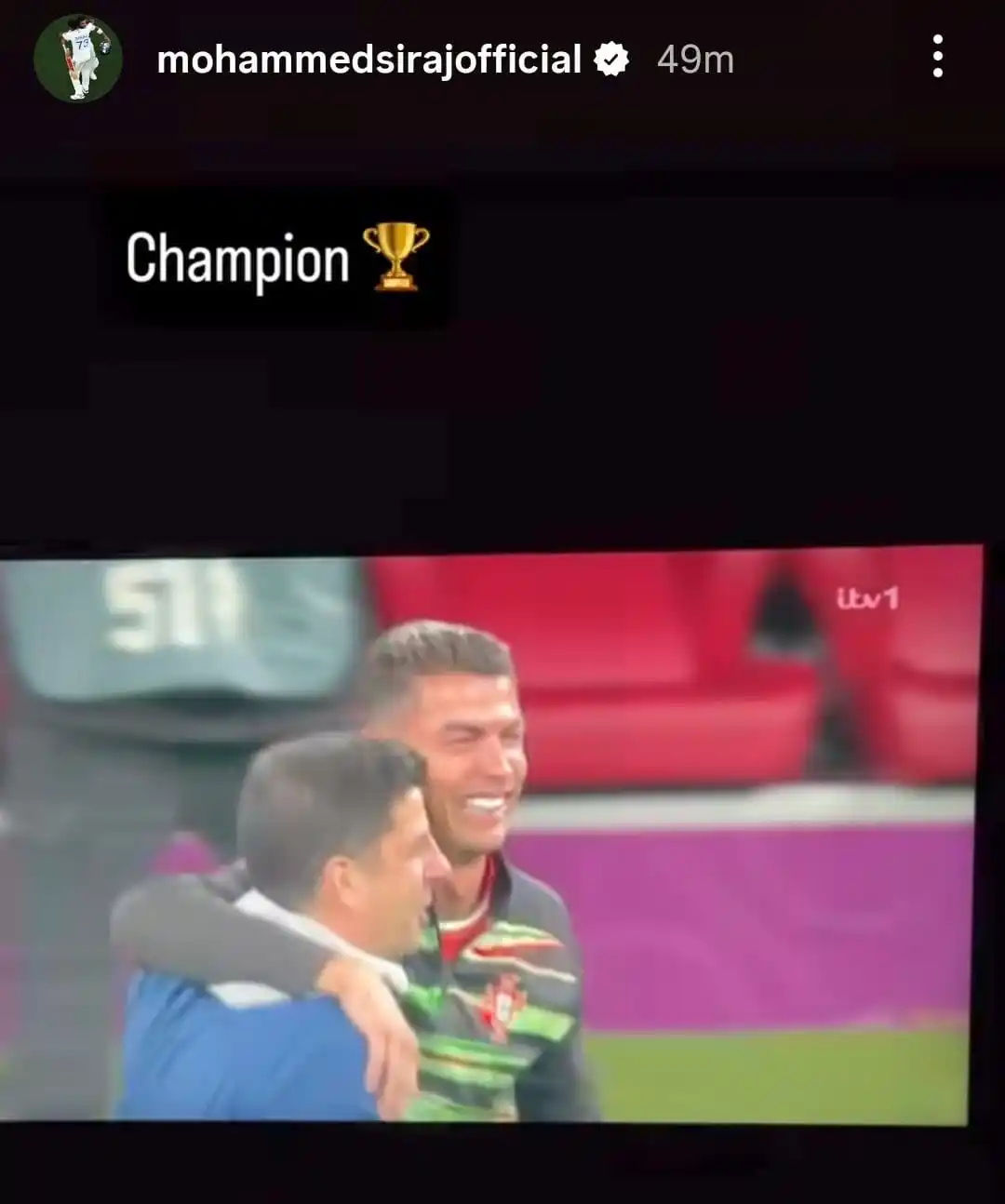 Image from THE CRICKET ARMY: *MOHAMMAD SIRAJ INSTAGRAM STORY FOR CRISTIANO RONALDO. 🐐🏆* *_✏️ (TH...