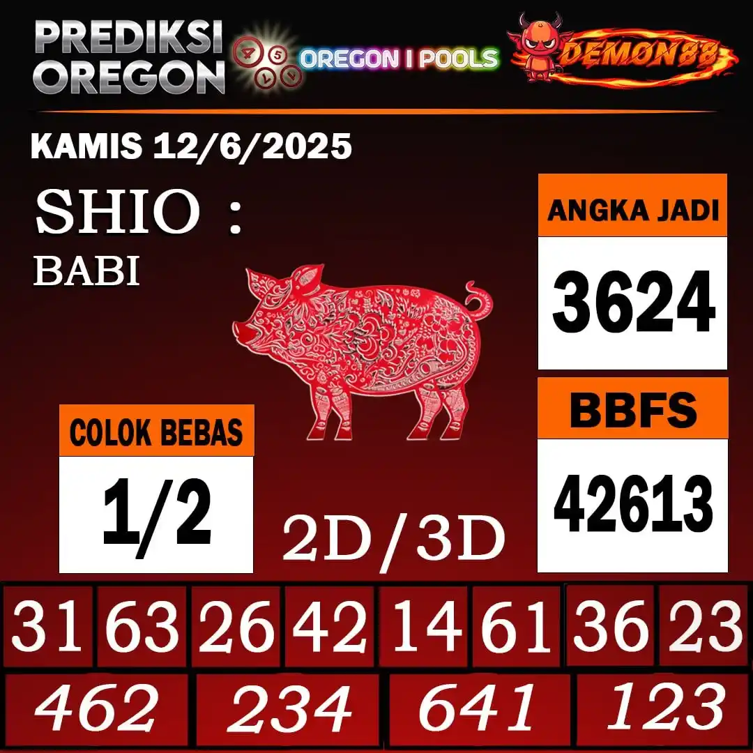 Image from PREDIKSI TOGEL ONLINE 4D DEMON88 Situs TOTO Togel 4D Online Terbaik Bandar Togel Online Terpercaya: PREDIKSI TOGEL OREGON 1 12 June 2025 BBFS : 42613 CB : 1/2 TOP 4D : 3...