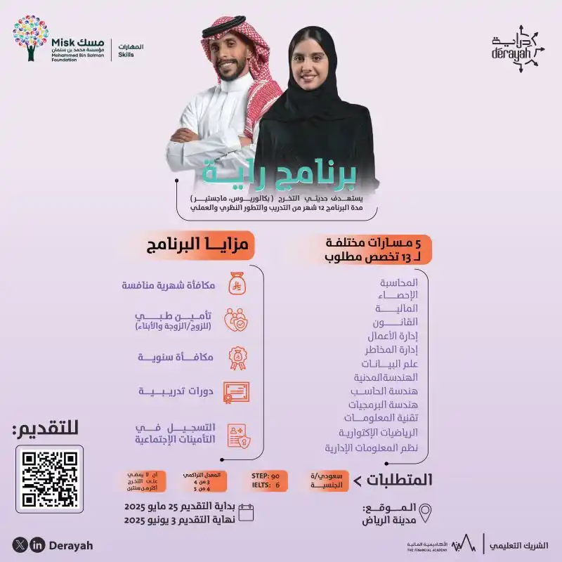 Image from قناة التدريب المنتهي بالتوظيف : رابط التقديم   https://hub.misk.org.sa/ar/programs/skills/misk-x-rayah...
