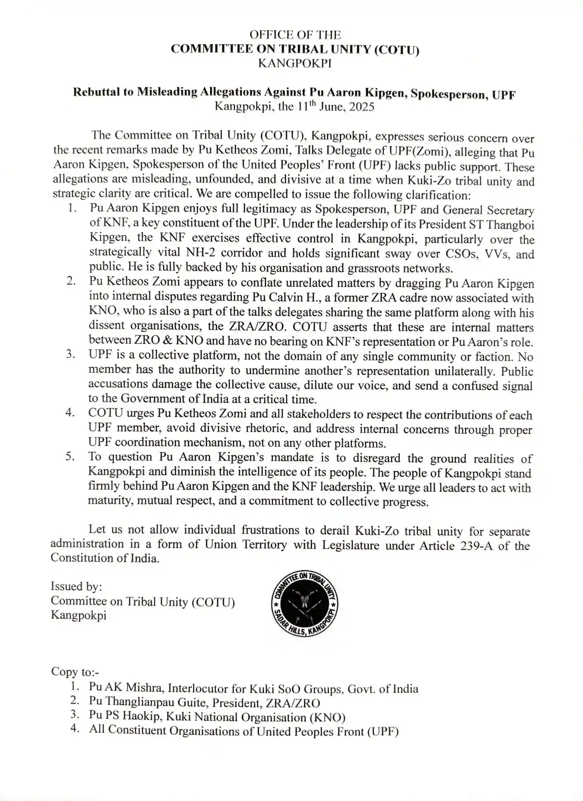 Image from ๐๐๐๐ผ๐ ๐๐ผ๐ ๐๐ผ๐ ๐๐ผ๐๐(๐๐๐๐): *REBUTTAL TO THE STATEMENT ISSUED BY THE COMMITTEE ON TRIBAL UNITY (CO...