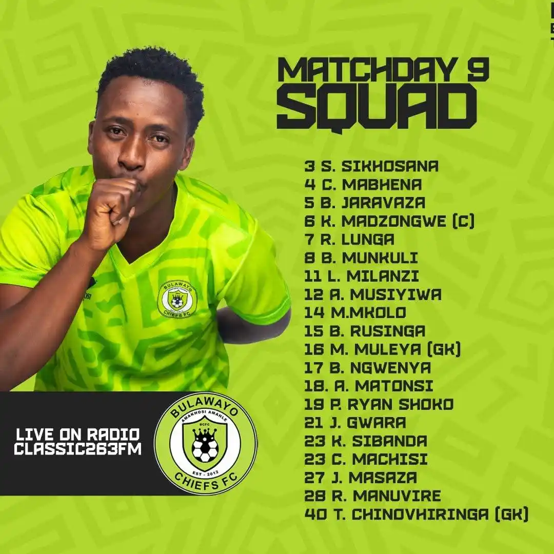 Image from Bulawayo Chiefs FC: 🛑 𝗧𝗘𝗔𝗠 𝗟𝗜𝗡𝗘 𝗨𝗣 Chiefs v Nkayi Standby for live stream and...