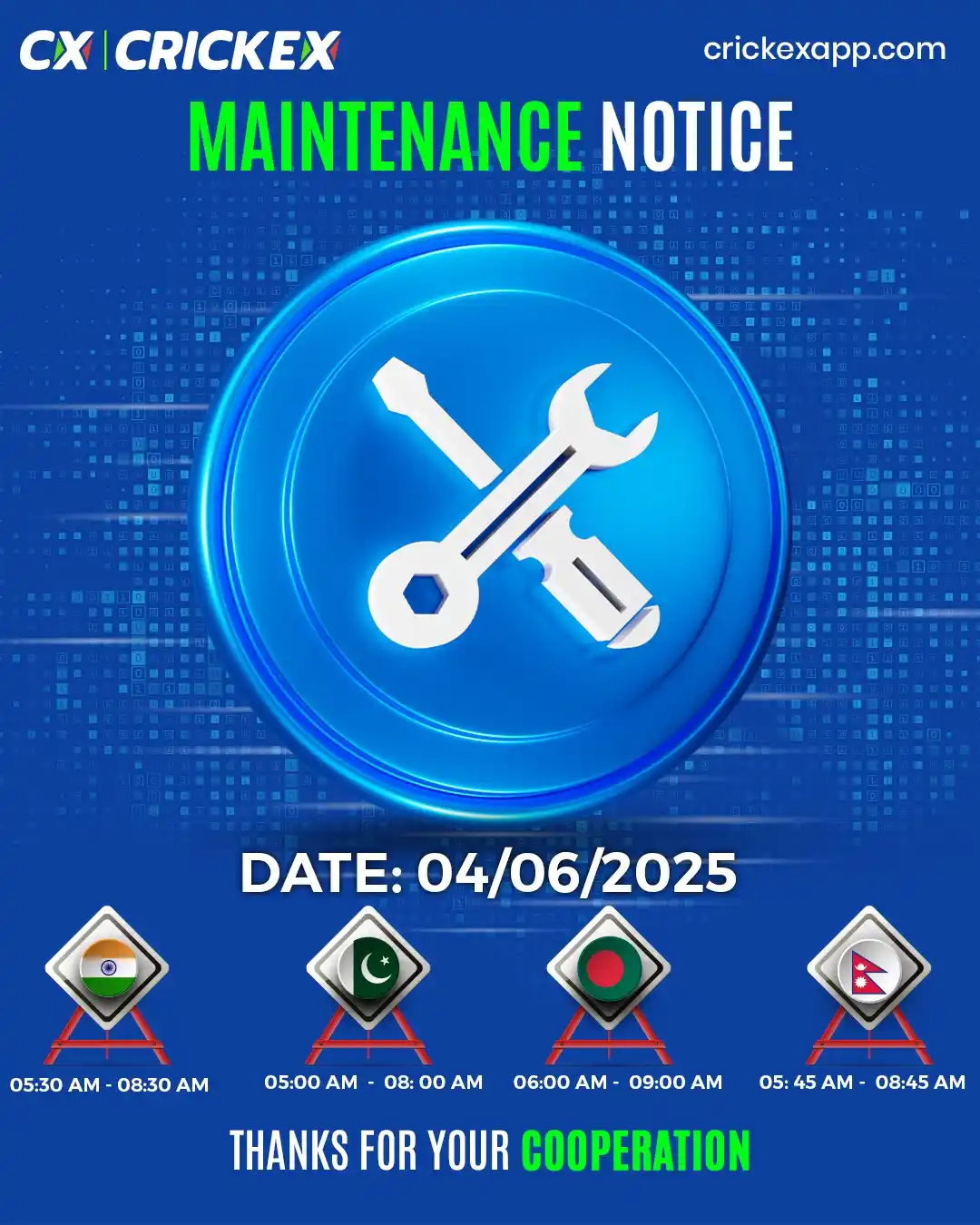 Image from Crickex: The Crickex website will be down for maintenance from 2025/06/04 08:00...
