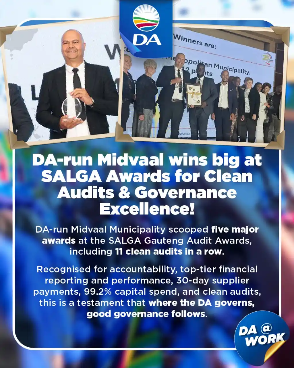Image from Democratic Alliance: 🏆 The DA-run Midvaal has done it again! At the SALGA Gauteng Audit Aw...