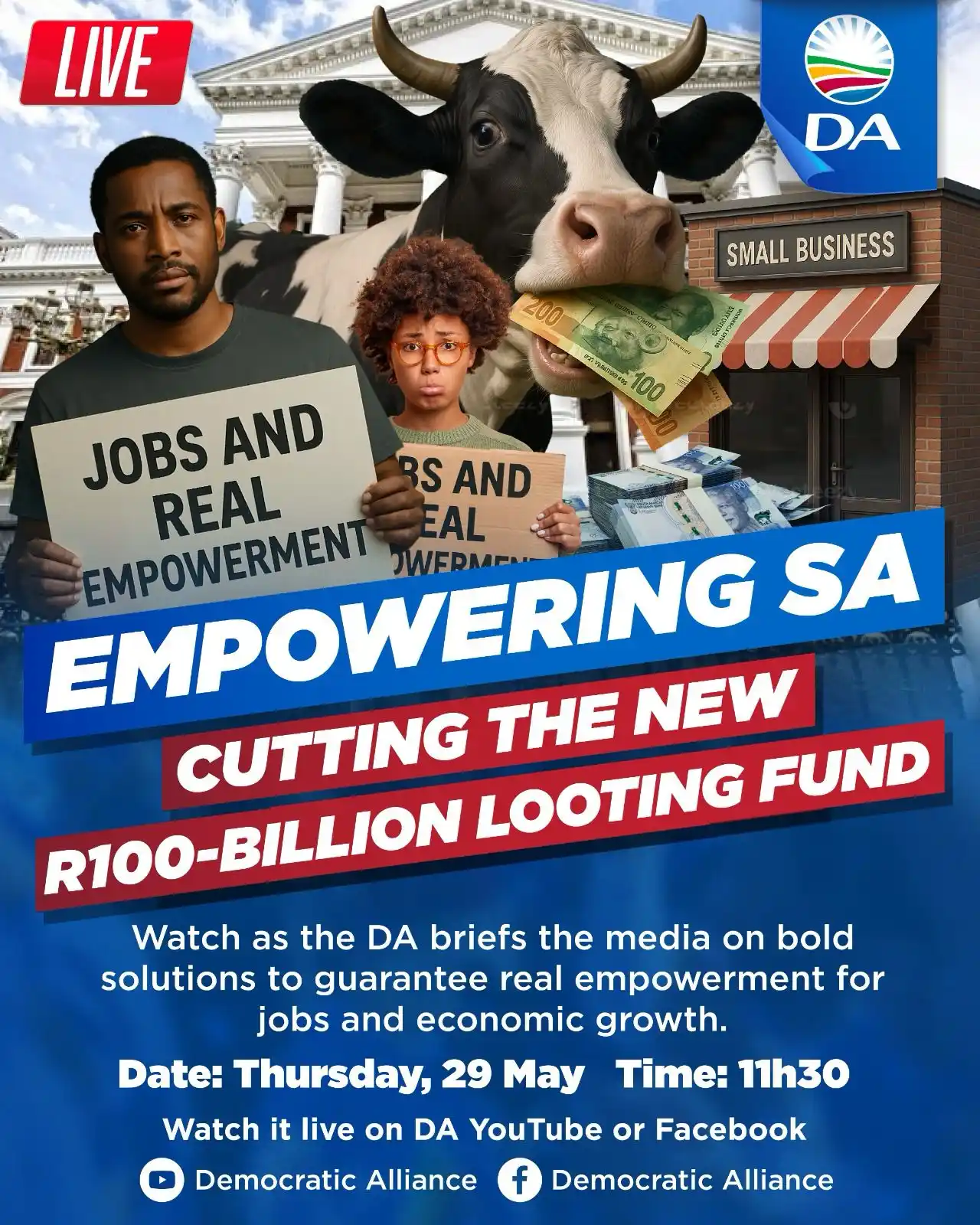 Image from Democratic Alliance: 📣 Today at 11h30, the DA will unpack bold empowerment alternatives to...