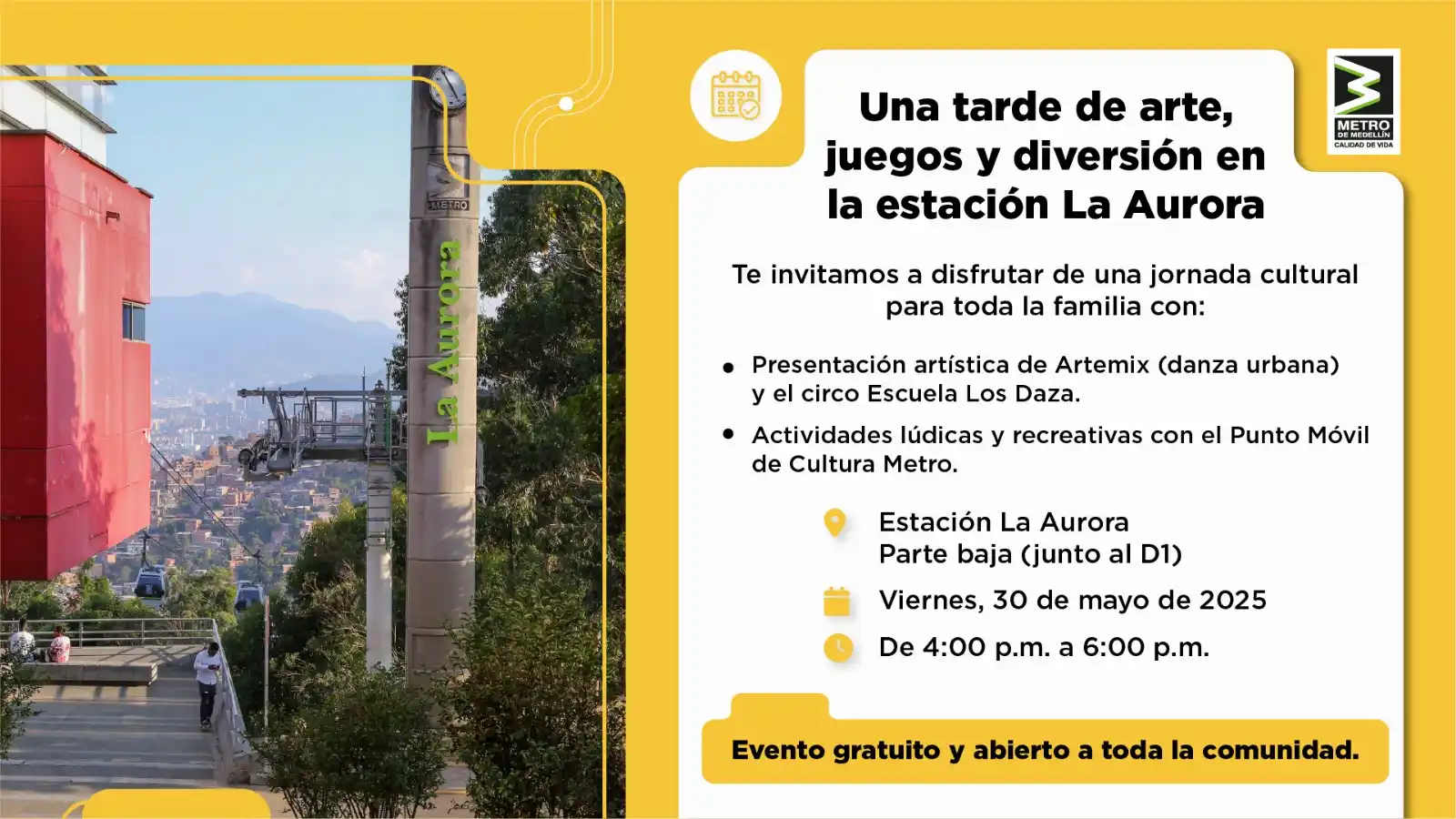 Image from Metro de Medellín: 📍 Un lugar: La Aurora 📅 Un día: este viernes 🕓 Una hora: 4:00 p. m....
