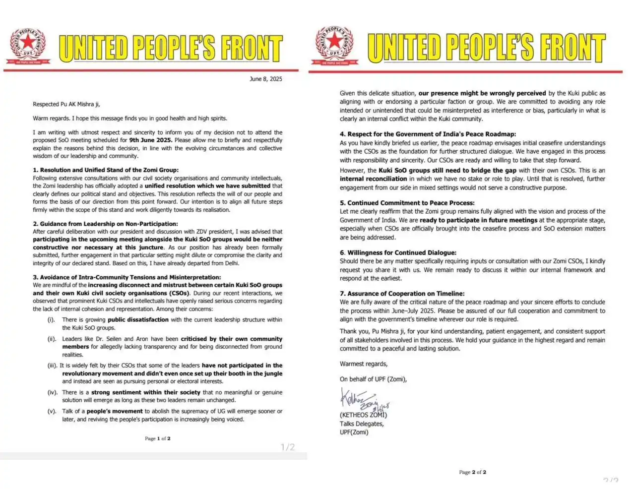 Image from ๐๐๐๐ผ๐ ๐๐ผ๐ ๐๐ผ๐ ๐๐ผ๐๐(๐๐๐๐): *UNITED PEOPLEโS FRONT(ZOMI)* LETTER TO AK MISHRA INTERLOCUTOR. Sd/...