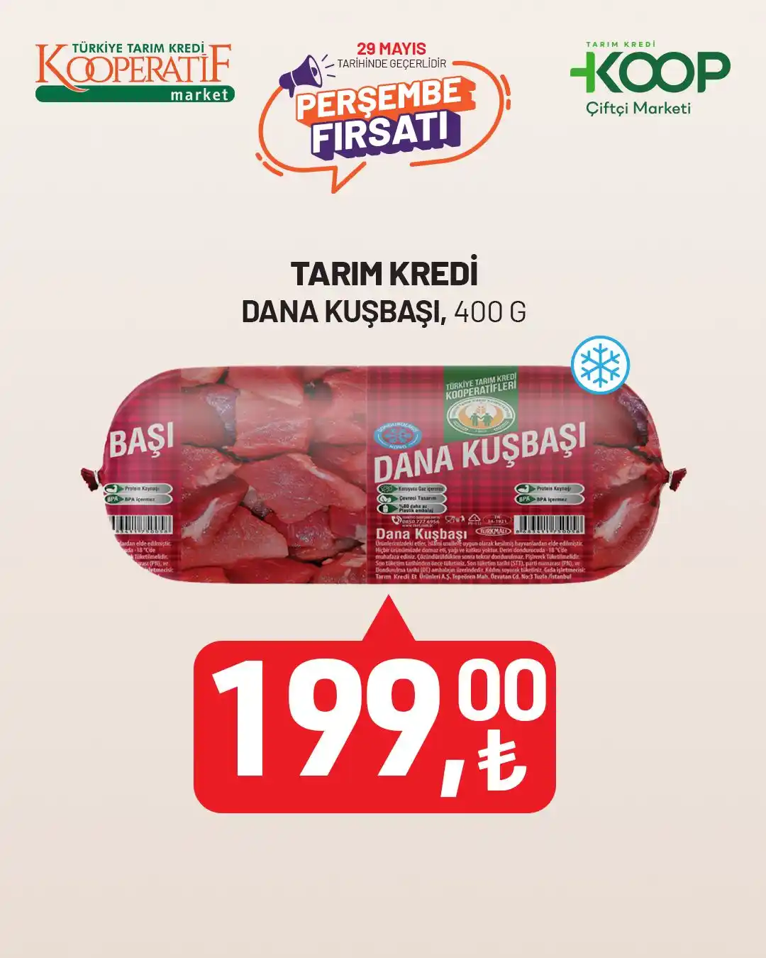 Image from Koop Market: 29 Mayıs Perşembe gününe özel 400 G Tarım Kredi dana kuşbaşı 199,00₺! ...