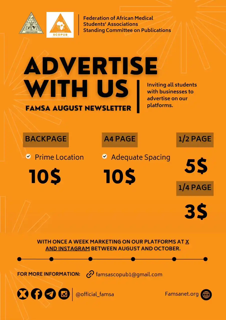 Image from Federation of African Medical Students' Associations (FAMSA): 📢 *Advertise Your Business with FAMSA!* Get featured in the FAMSA Aug...