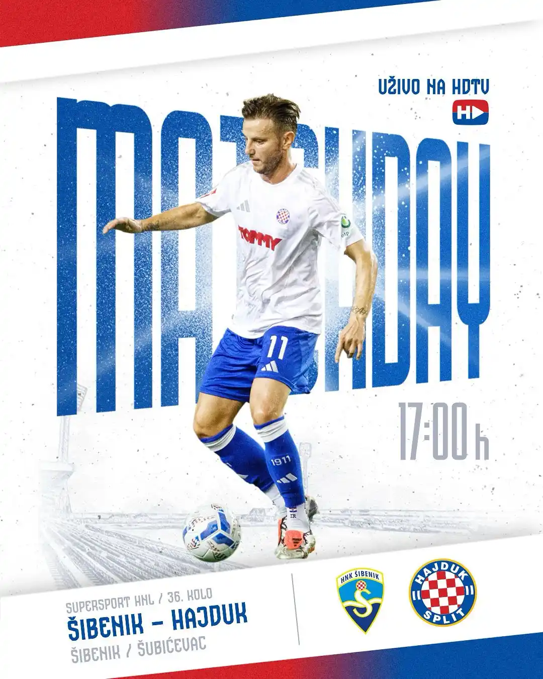 Image from HNK Hajduk Split: ❤️ 𝗔𝗝𝗠𝗢 𝗕𝗜𝗝𝗘𝗟𝗜! 💙 ➡️ 36. kolo SuperSport HNL ⚽️ Šibenik 🆚...