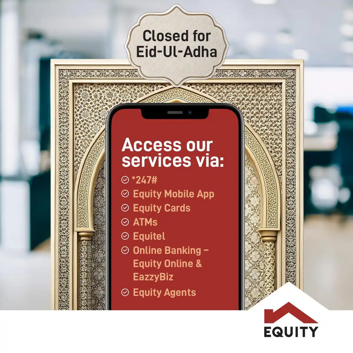 Image from Equity: Dear Member, Our branches will remain closed for business on Friday, ...