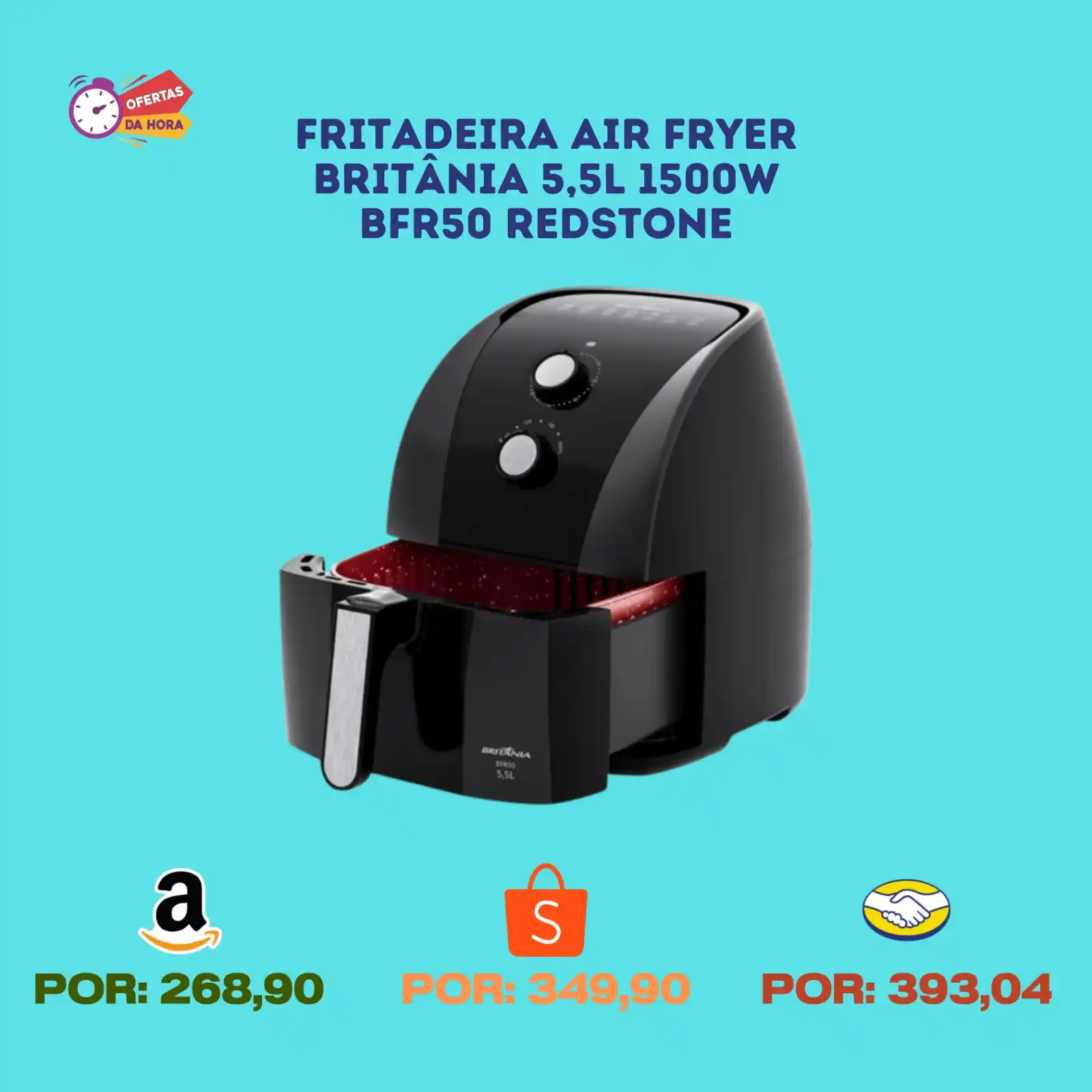 Image from OFERTAS DA HORA: 🍟 Fritadeira Air Fryer Britânia 5,5L 1500W BFR50 Redstone  AMAZON - R...