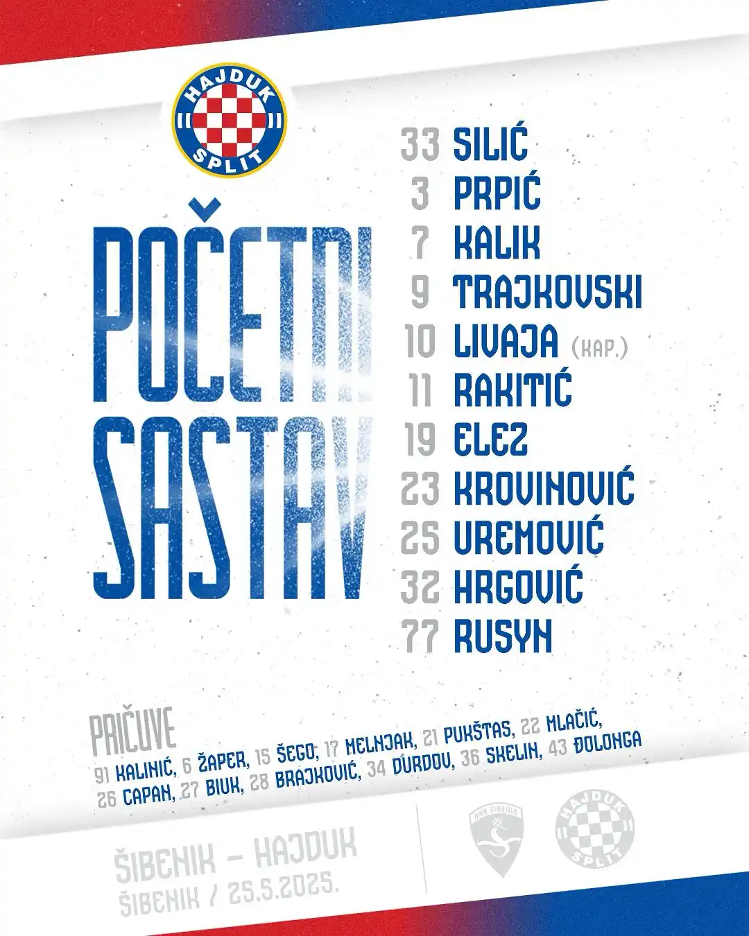Image from HNK Hajduk Split: 👥️ 𝗛𝗔𝗝𝗗𝗨𝗞𝗢𝗩𝗜𝗛 𝗫𝗜 za posljednju utakmicu ove sezone sa Šib...