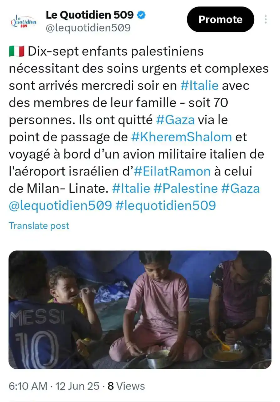 Image from Le Quotidien 509: 🇮🇹🏥 _Dix sept enfants palestiniens ont reçu des soins urgent en Ita...
