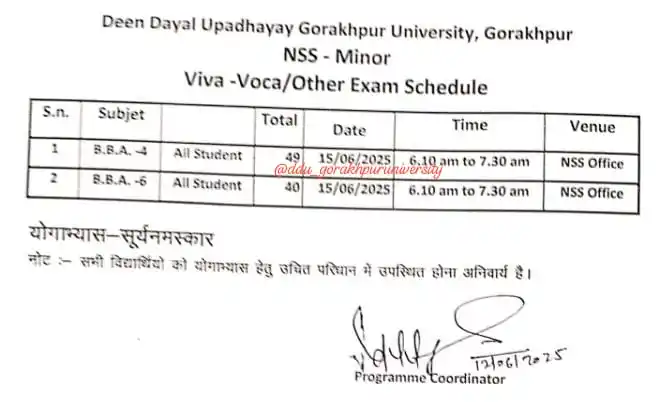 Image from DDU_GORAKHPUR UNIVERSITY PAGE: *सूचना NSS-Minor subject Viva BBA 4th & 6th -सेमेस्टर* *दीन दयाल उपा...