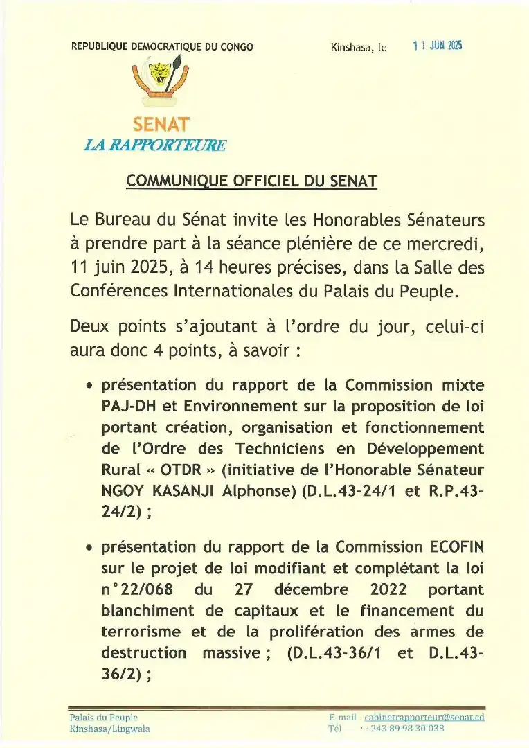Image from SENAT RDC: *Session Parlementaire — Mars 2025* Les membres du Bureau du Sénat ...