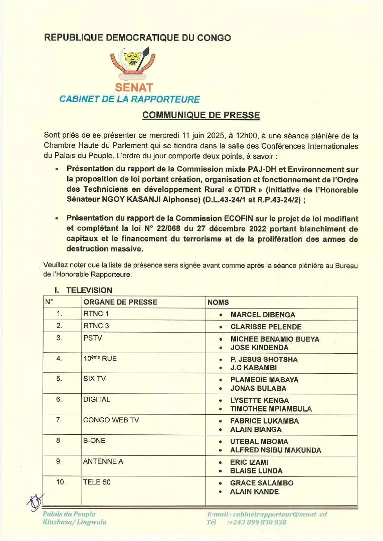 Image from SENAT RDC: *Session Parlementaire — Mars 2025* Les Organes de Presse et Médias, ...