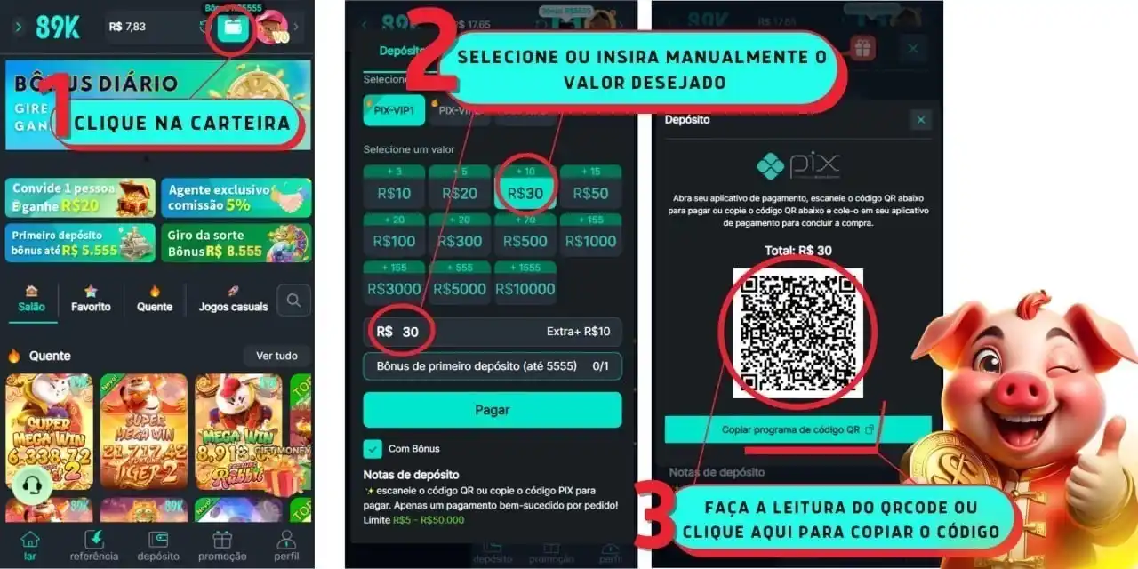 Image from 89K Comunicado Oficial ®: 89K Fluxo de Depósito 1. CLIQUE NA CARTEIRA 2. SELECIONE OU INSIRA...