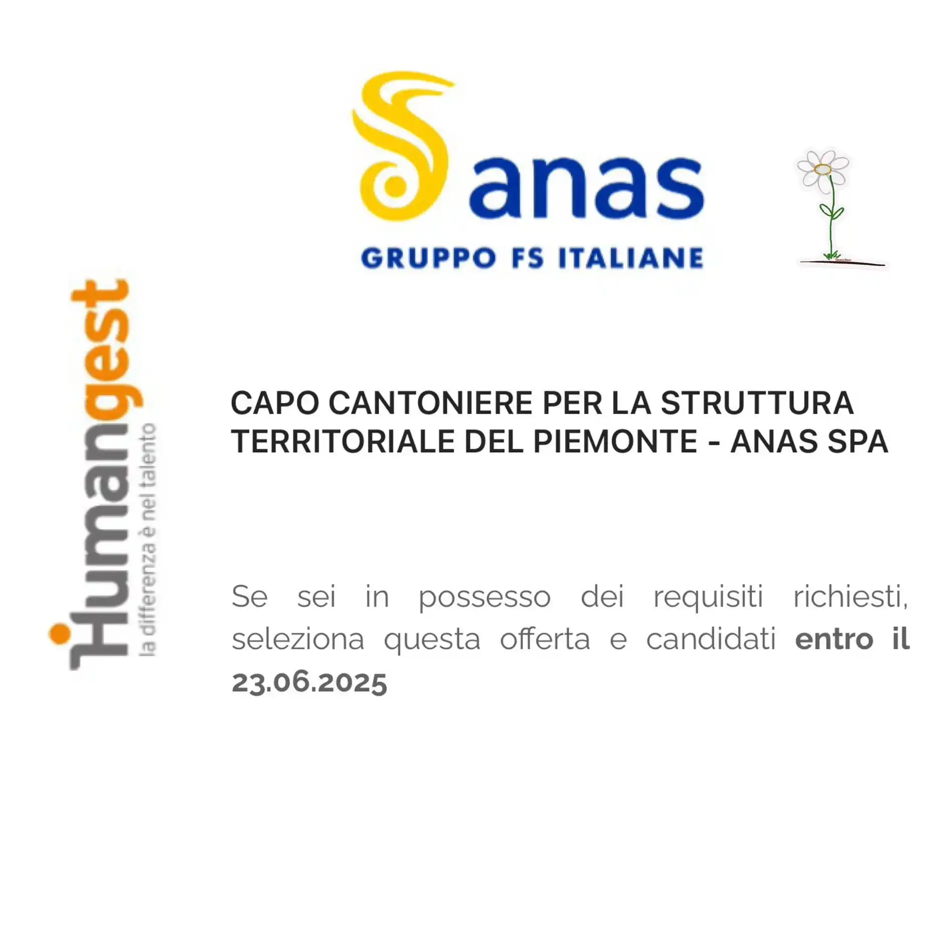 Image from La Voce del Cantoniere: Anas Spa Gruppo FS Italiane CAPO CANTONIERE PER LA STRUTTURA TERRITOR...