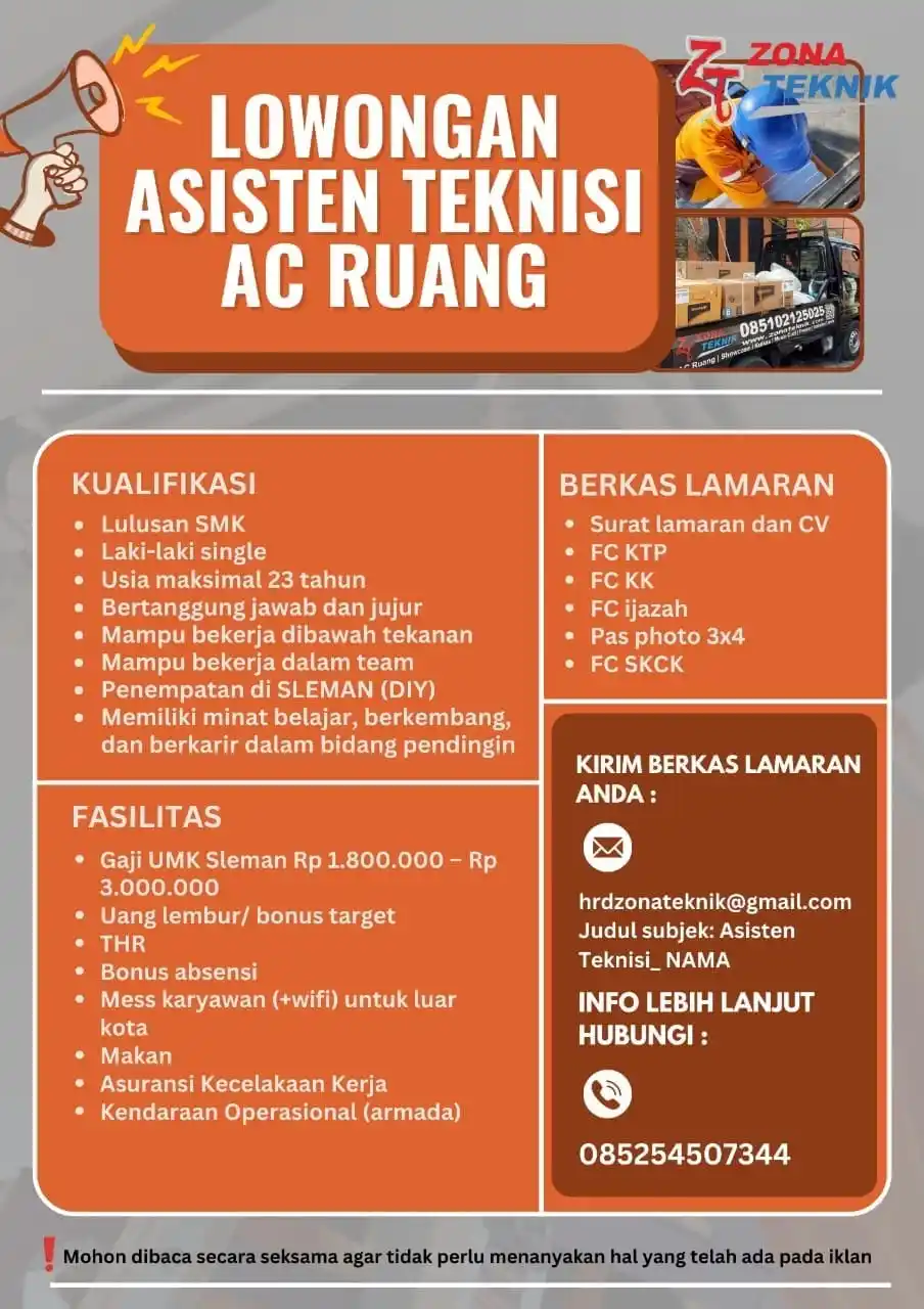 Image from Info Loker Jogja Yogyakarta (Official): Dibutuhkan Assiten Teknisi AC Ruang  Benefit & Fasilitas :  Seragam k...