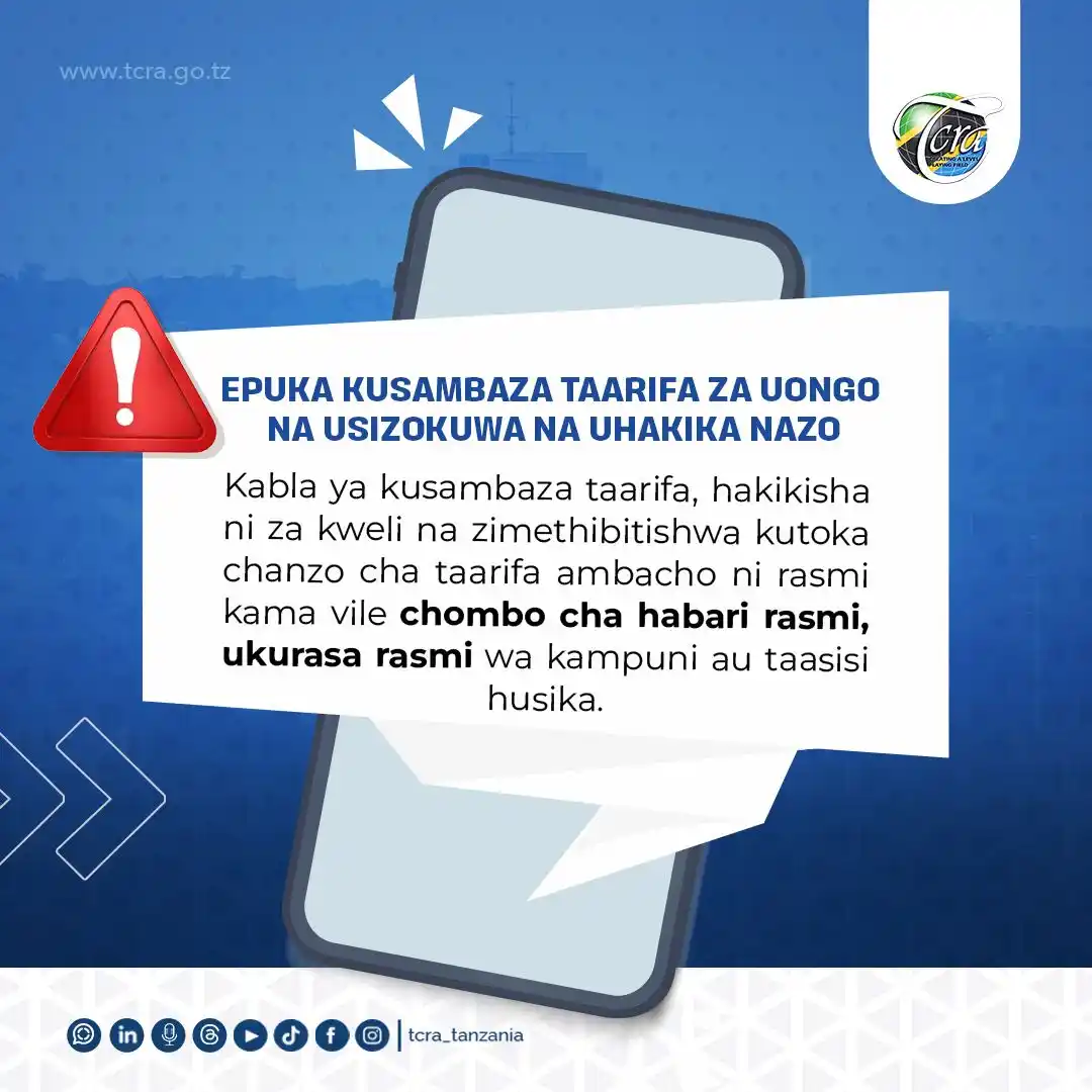 Image from TCRA TANZANIA: 📢 HAKIKI TAARIFA KABLA YA KUSAMBAZA 📌Kuwa sehemu ya kuhamasisha mat...