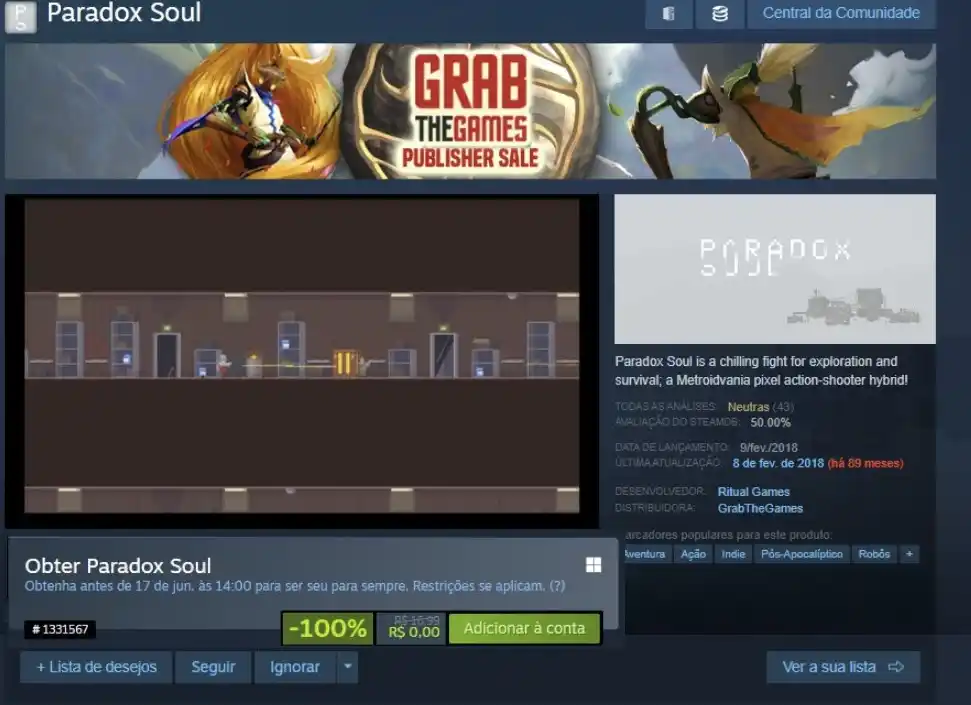 Image from Cupons de Lojas (Shopee, Mercado Livre, etc): Jogo Paradox Soul GRÁTIS para resgate na Steam! https://store.steampo...