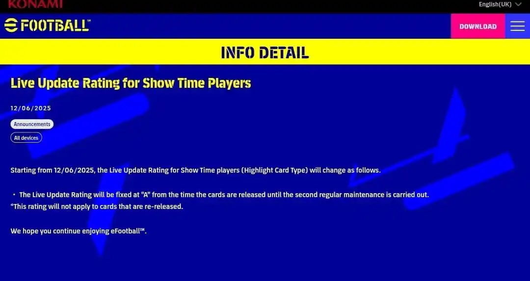 Image from MAD - eFootball Updates: *🆕 LIVE UPDATE RATING FOR SHOWTIME* Starting from 12/06/2025, the Li...