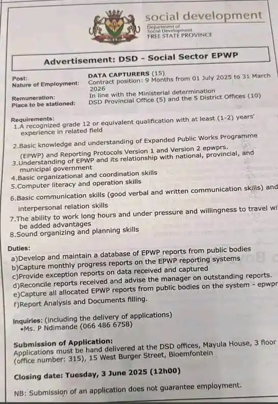 Image from SA JOBS CORNER🇿🇦: Now Hiring: Data Capturers (x15) Department: Social Development – Fre...