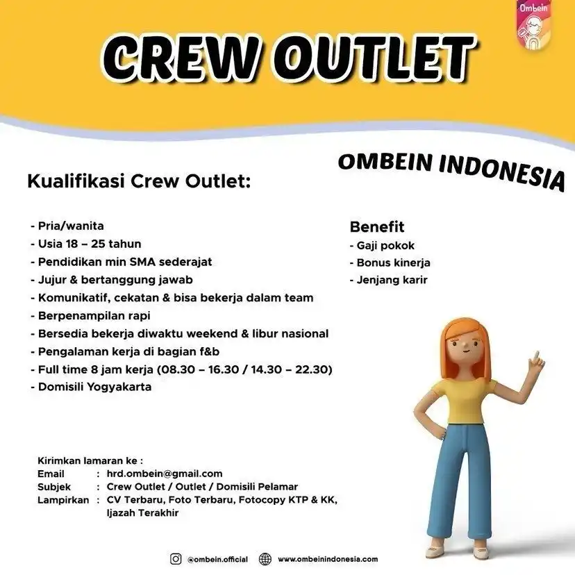 Image from Info Loker Jogja Yogyakarta (Official): OMBEIN INDONESIA Dibutuhkan segera CREW OUTLET - Domisili Yogyakart...