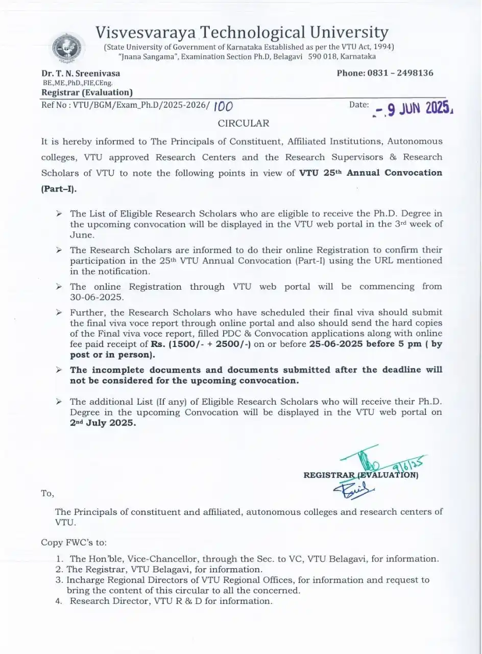 Image from VTU Updates: Online Registration for Research Scholars who are eligible for VTU 25t...