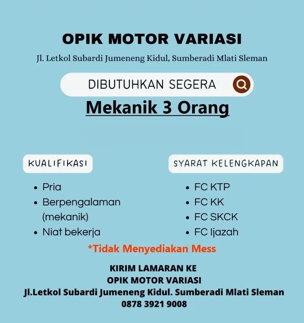 Image from Info Loker Jogja Yogyakarta (Official): OPIK MOTOR VARIASI DIBUTUHKAN SEGERA Mekanik 3 Orang Info lengkap si...