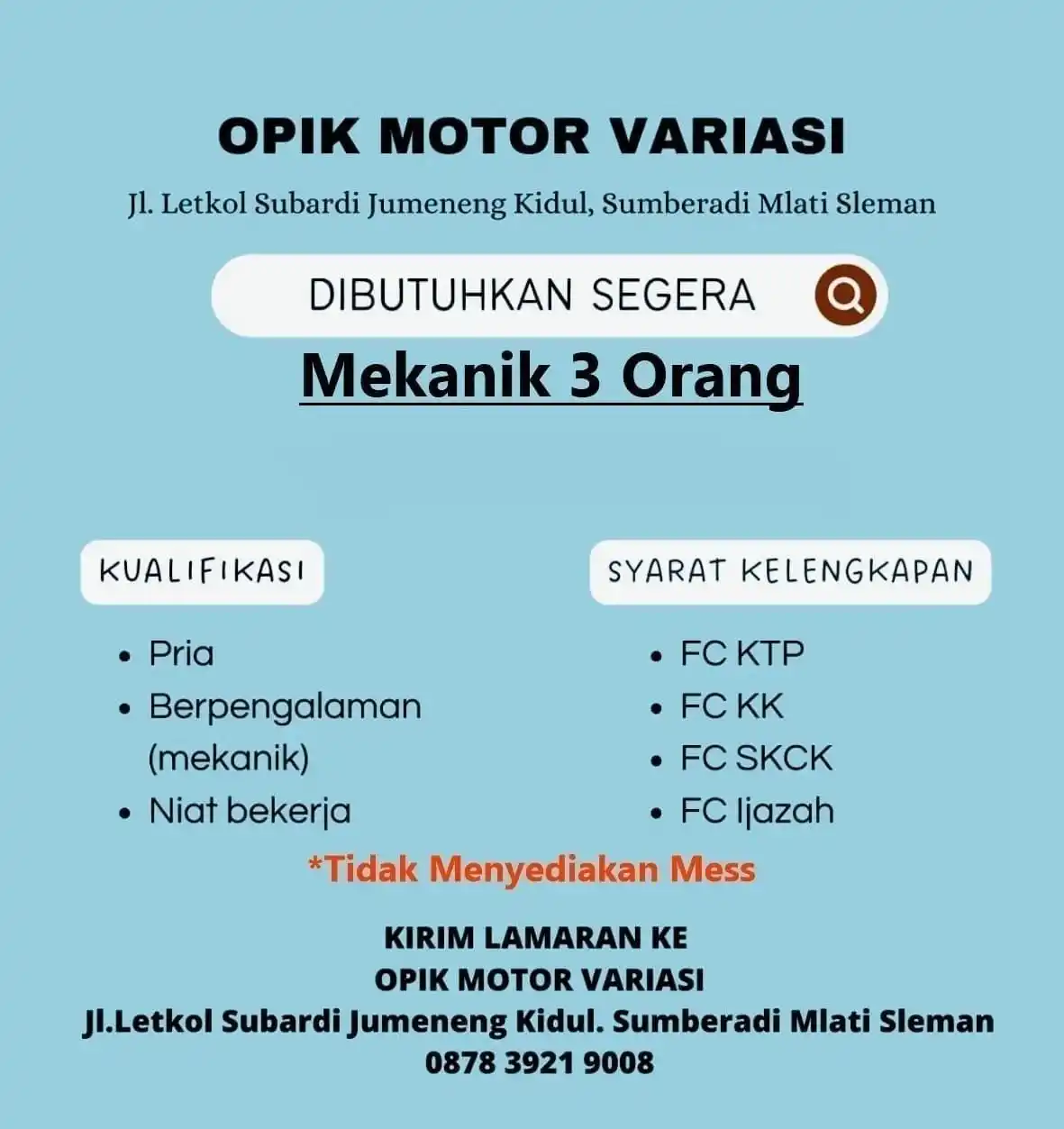 Image from Info Loker Jogja Yogyakarta (Official): OPIK MOTOR VARIASI DIBUTUHKAN SEGERA Mekanik 3 Orang Info lengkap si...